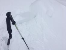 Cornice along with wind slab failure from ski kick on small test slope at 7400'.  Wind slab up to 8-12'' deep.
