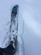 In some areas breakable crust and collapsing soft snow around it created a sinking "snowshoe" effect while skinning. 