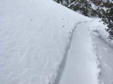 Freshly wind blown snow mostly covering yesterday's skin track.