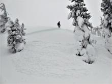 Sensitive wind slab avalanche intentionally triggered on small test slope.