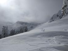 Wind slab avalanche size D1 on NE aspects triggered by intentional cornice collapse.