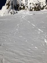 Rime Ice falling from rocks. It wasn't quite warm enough to form rollerballs. SW aspect at 5pm