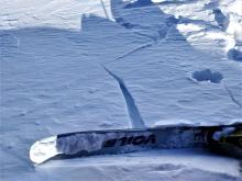 Small skier triggered cracking in a newly formed surface wind slab.