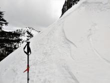 Small inconsequential wind slab near the summit of Rubicon