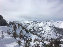 Stormy weather and blowing snow looking back toward Desolation at 10:30am