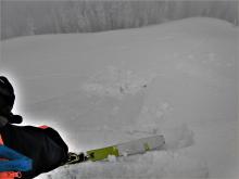 Ski kick triggered loose wet sluff on a steep test slope.