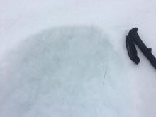 Hand pit showing saturated snow with ~2cm layer of newer snow on top