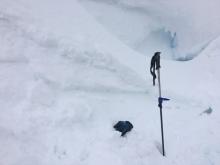 1 cornice drop failed down to wind slab then down through less dense snow to crust-you can see step down in photo.  Failure did not propagate beyond cornice chuck dropped.
