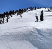 The thin veneer of new snow was scoured away from the exposed northerly aspects leaving a firm icy crust behind.