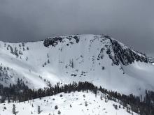 E face of Crag Peak.  Small D1 natural loose wet avalanches that occurred by 11am this morning. 