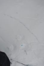 Poor photo, but the heavy new snow cracked as I undercut it with my ski. 