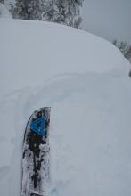 Over 9000 foot summit area had obvious wind features. This small cornice broke easily as I skinned near it. 