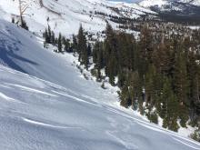 Partially filled in crown line with avalanche debris below.