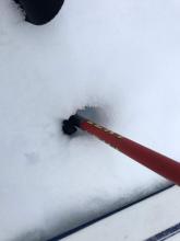 Notably icy crust compared to rest of slope on Tamarack. This particularly icy crust was close to an open stream.