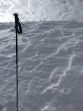 Wind affected surface snow on an ENE aspect on Wild Flower ridge. The snow was still soft but minor scouring had occurred to scallop the surface. 