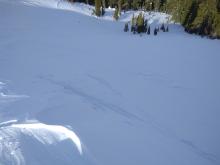 Small 4 inch thick hard wind slab failure on NW aspect test slope.