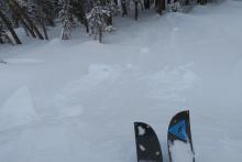 Cornice chunks broken by a ski kick, but no propagation on slope below. 