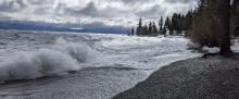 Large NE wind created waves crashing into the west shore of Lake Tahoe.
