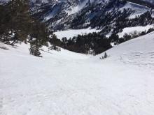 Two distinctly different snow surfaces on either side of the gully.