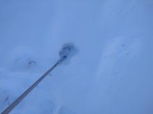 Dry surface facets in the shade on NE aspects above ~8,500'.