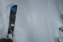 A ski kick on a steep somewhat wind protected slope created a small loose dry avalanche that ran until the slope angle lessened. 