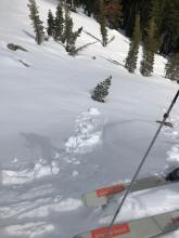 Small sluff of wet snow and some small pinwheels on a similar slope around 3 pm.