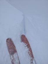 Ski kick triggered crack on a NE facing wind drifted test slope along the ridge @ 7800 ft.