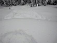 Same avalanche from the top of the slope. Note the crack on the right flank.