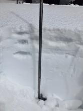 Quick hand pit on a S-facing slope in area with breakable crust. Boot pen through both crusts, ski pen just cracking top crust. Soft, cold snow (F to 4F) above, between, and below the crusts. 