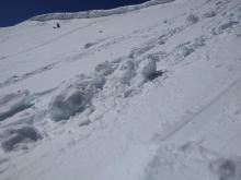Debris from recent cornice fall, likely occurred on Apr 10 or 11.