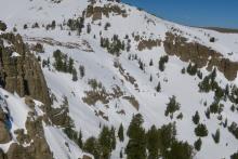 Many previous loose wet slides on steep rocky terrain on more North East aspects of Stevens.