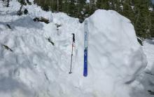 A large previous cornice chunk at the bottom of slope from last week