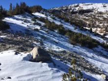 Previous NE/E wind scouring along exposed terrain above 9600'.