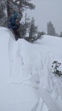 Skier triggered wind slab on a small wind-loaded test slope on Relay Ridge.