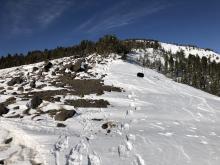 Wind scouring and firm wind transported snow at ridgetop 