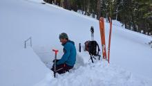 Lower elevation snowpit. You can see the 2 crusts in the pit wall. the worriesome weak layer is below the lower crust.