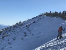 Heavily wind affected snow in Hourglass Bowl. We did not ski Hourglass today.