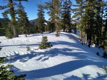 Snow surface evidence of recent wind drifting (left to right).