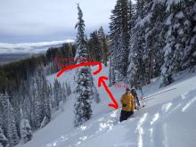 Brandon triggered the avalanche 150m behind him when he stepped off his skis while digging a pit on this lower angle slope.