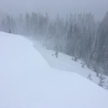 Gale force SW winds on ridge building large fragile cornices with up to 2-2.5' wind slabs.