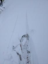 Shallow (3-4") and isolated cracking, a short ways above the Old Donner Summit parking area. 