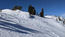 Wind scoured slopes on the NE side of the summit of Hidden Peak