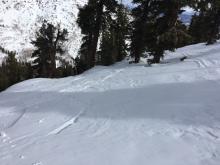 Small unreactive wind slabs on upper slopes near the peak.