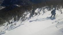 Looking down onto small wind slab avalanche