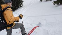 Minor cracking in small wind slabs near the top of Incline Lake peak