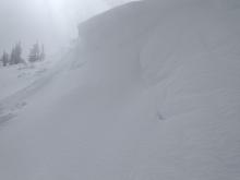 Blowing snow covering small recent wind slab avalanches