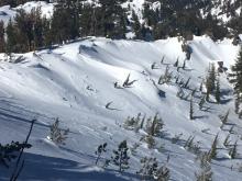 Recent NE wind scouring in exposed terrain at 9600'.