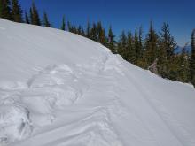 Evidence of recent NE winds redistributing snow along ridgetops.