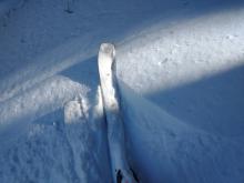 Still unconsolidated surface snow on shaded N aspect terrain below treeline.