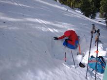 The two rain crusts near the surface of the snowpack with weaker snow around them. 